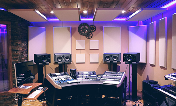 studio with suspended acoustic wall panels